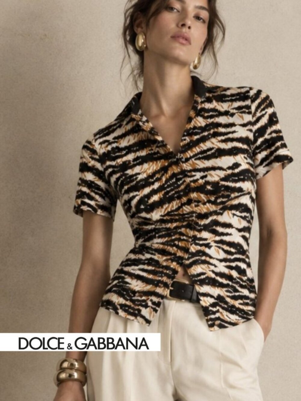 D&G Tiger-Print Short Sleeve Polo in Black, Cream & Burnt Orange